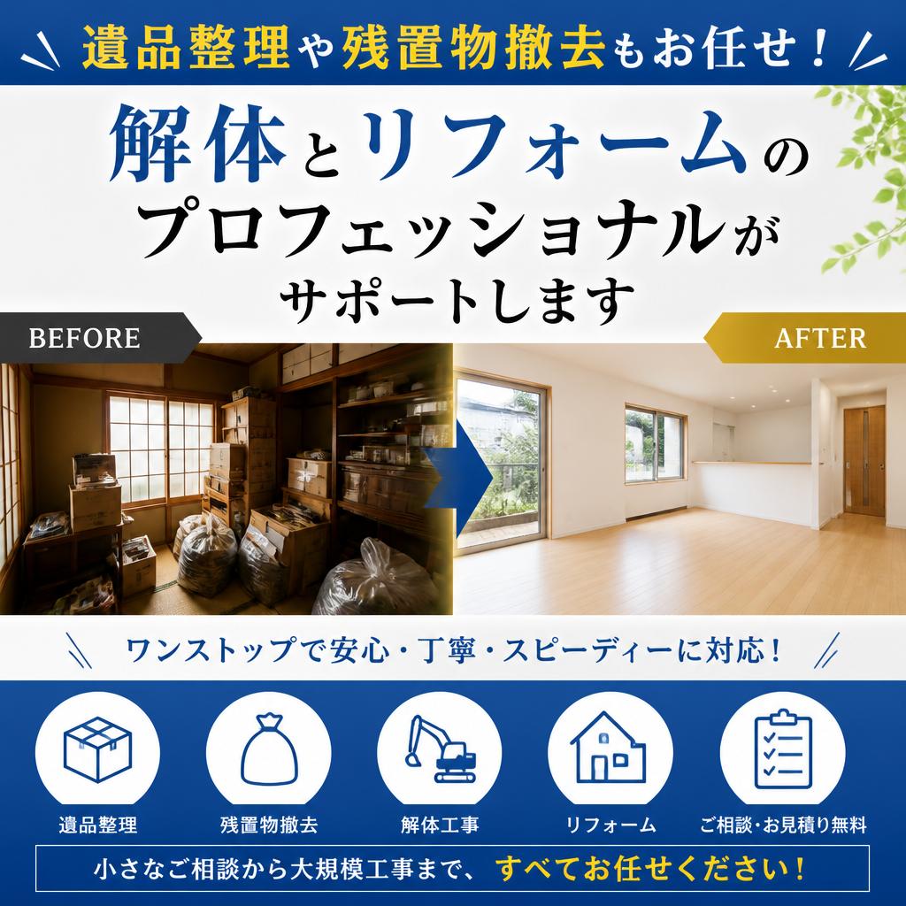 遺品整理や残置物撤去もお任せ！解体とリフォームのプロフェッショナルがサポートします